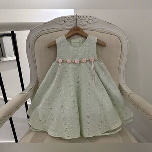 🦢 Baby 24 Mth Mint Green Embroidered Eyelet Dress with Pink Rosettes